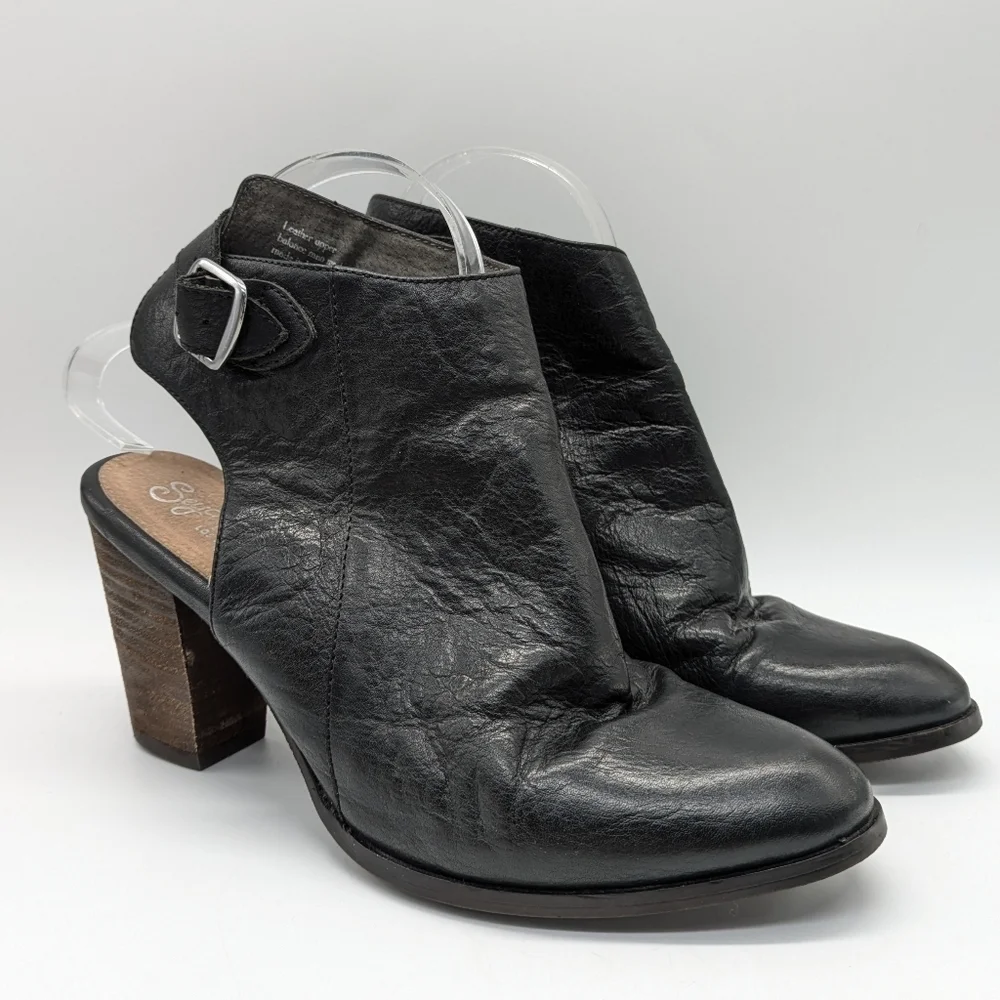 Seychelles Caravan Open Back Wedge Heel Black Leather Bootie 9